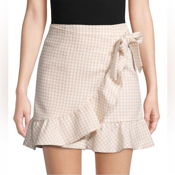 Lea & Viola Cream White Gingham Plaid Ruffle Wrap Skirt Size M - Picture 1 of 10
